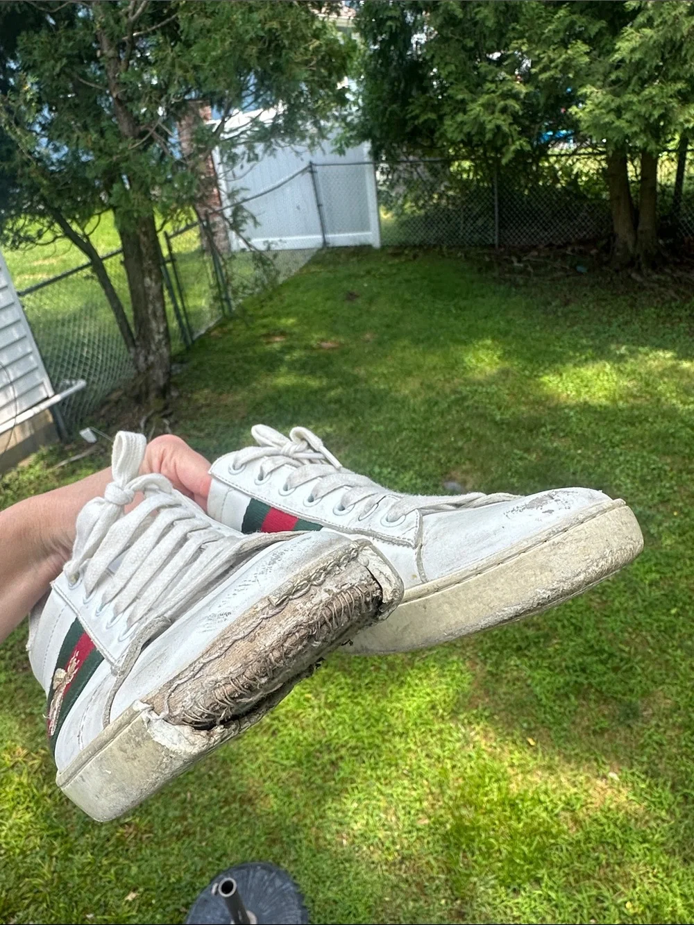 Gucci White Leather Sneakers with Red & Green Stripe and Metallic Heel Accents